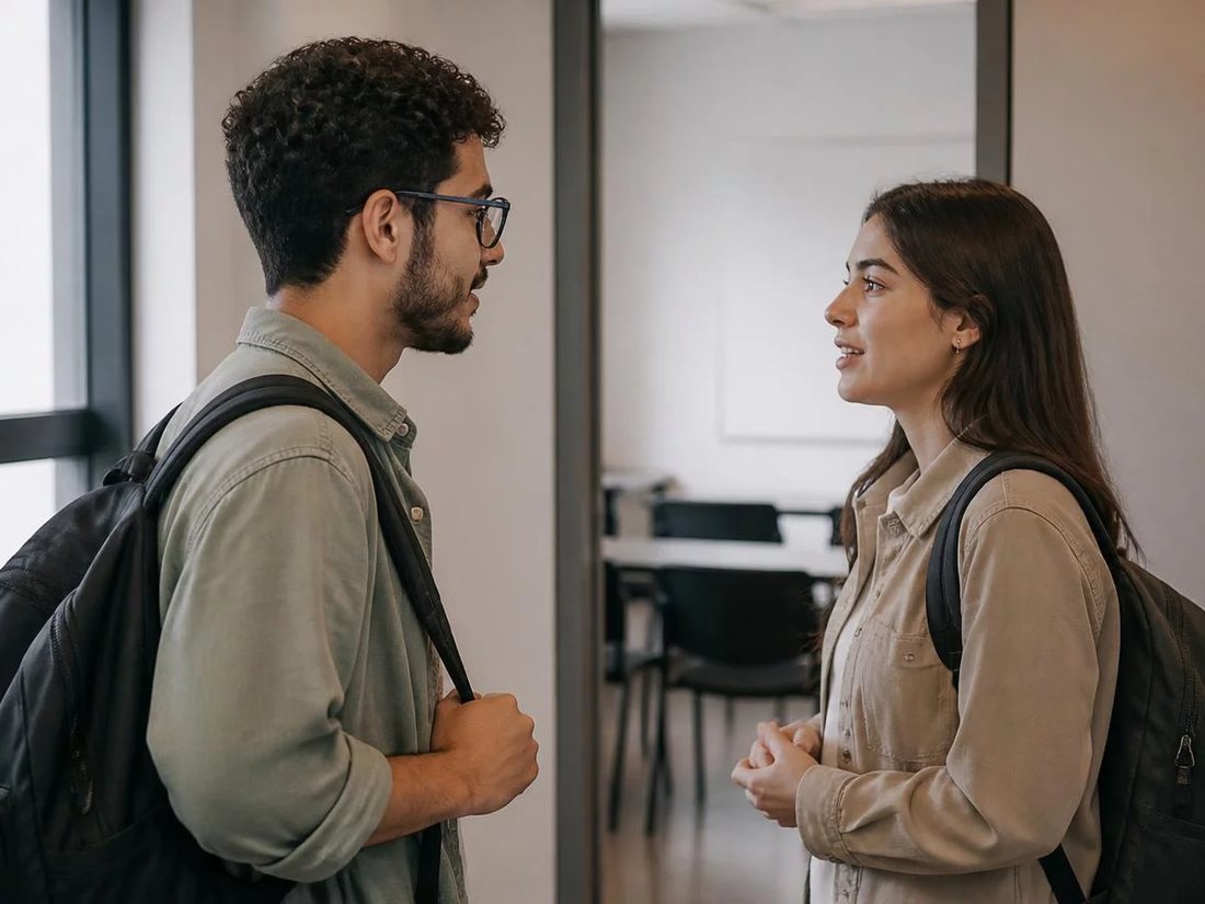 Grupo pequeno em volta de uma mesa comprida lendo teses impressas
