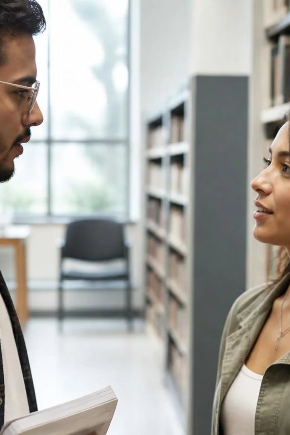 Duas participantes de pé conversando no corredor entre prateleiras de livros